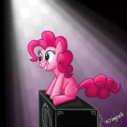 Size: 1000x1000 | Tagged: safe, artist:scrimpeh, derpibooru import, pinkie pie, earth pony, pony, female, grin, mare, sitting, smiling, solo, subwoofer