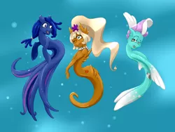 Size: 1280x960 | Tagged: artist:severus, ask windswept, derpibooru import, female, kelpie, monster pony, oc, oc:goldie finns, oc:shimmer wave, octopony, oc:windswept, original species, safe, sea pony, underwater, unofficial characters only