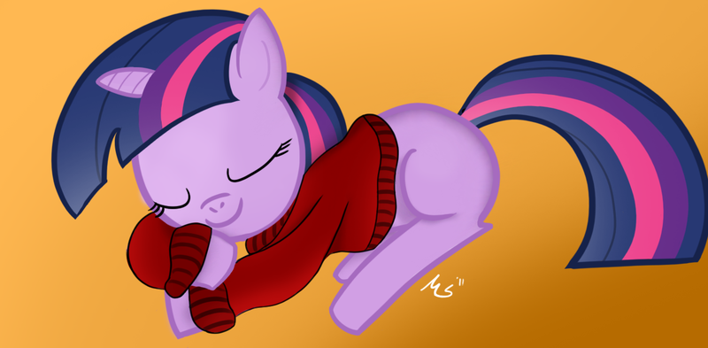 Size: 1253x616 | Tagged: safe, artist:ciscoql, derpibooru import, twilight sparkle, pony, unicorn, clothes, female, filly, foal, gradient background, photoshop, sleeping, solo, sweater, unicorn twilight