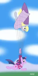 Size: 708x1413 | Tagged: safe, artist:phallen1, derpibooru import, derpy hooves, twilight sparkle, pegasus, pony, unicorn, duo, duo female, entangled, falling, female, mare, parachute, sky, skydiving, worried