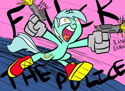 Size: 1280x931 | Tagged: safe, artist:tess, derpibooru import, lyra heartstrings, pony, unicorn, bipedal, dual wield, female, fuck the police, gun, hand, mare, no pupils, open mouth, pistol, running, solo, vulgar, weapon