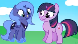 Size: 1093x619 | Tagged: safe, artist:ciscoql, derpibooru import, princess luna, twilight sparkle, alicorn, butterfly, pony, unicorn, cute, duo, female, filly, foal, s1 luna, unicorn twilight, woona