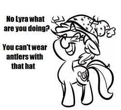 Size: 770x700 | Tagged: safe, artist:tess, derpibooru import, lyra heartstrings, pony, unicorn, antlers, female, floppy ears, grin, hat, mare, monochrome, smiling, solo
