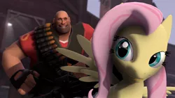 Size: 1600x900 | Tagged: safe, artist:doctorwhooves, derpibooru import, fluttershy, human, pegasus, pony, 3d, duo, female, gmod, heavy, human male, male, mare, smiling, team fortress 2