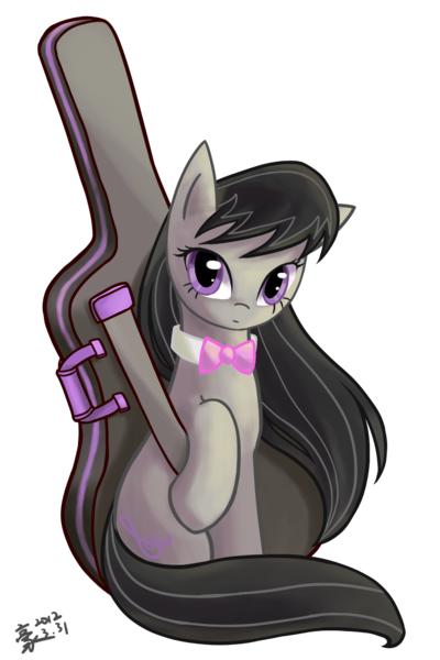 Size: 1200x1800 | Tagged: safe, artist:howxu, derpibooru import, octavia melody, earth pony, pony, bowtie, cello case, female, hooves, looking at you, mare, simple background, sitting, solo, transparent background