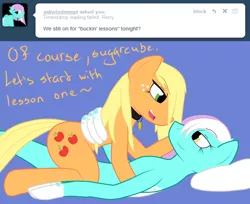 Size: 1280x1044 | Tagged: suggestive, derpibooru import, applejack, oc, oc:windswept, earth pony, kelpie, pony, sea pony, ask windswept, canon x oc, collar, eye contact, female, interspecies, lesbian, looking at each other, mare, on back, pet tag, shipping