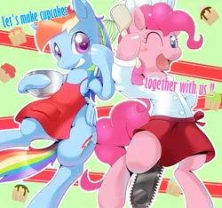 Size: 777x728 | Tagged: safe, artist:oze, derpibooru import, pinkie pie, rainbow dash, earth pony, pegasus, pony, fanfic:cupcakes, abstract background, apron, chainsaw, clothes, cupcake, cute, dashabetes, diapinkes, duo, duo female, female, grimcute, mare, naked apron, open mouth, pixiv, smiling, this will end in death