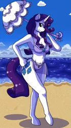 Size: 729x1314 | Tagged: anthro, armpits, artist:catsncupcakes, beach, belly button, bikini, breasts, clothes, curvy, derpibooru import, female, hooves, rarity, safe, solo, swimsuit, umbrella, unguligrade anthro