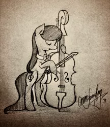 Size: 1024x1183 | Tagged: safe, artist:awesomeamz, derpibooru import, octavia melody, earth pony, pony, bipedal, black and white, bow (instrument), bowtie, cello, cello bow, eyes closed, female, grayscale, hooves, mare, monochrome, musical instrument, solo