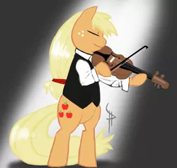 Size: 1083x1032 | Tagged: safe, artist:white-pwny, derpibooru import, applejack, earth pony, pony, adobe imageready, bipedal, clothes, eyes closed, female, gradient background, hatless, mare, missing accessory, music, solo, suit, violin