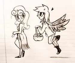 Size: 1024x869 | Tagged: artist:awesomeamz, basket, carrot top, derpibooru import, derpy hooves, derpytop, female, food, golden harvest, human, humanized, lesbian, lined paper, monochrome, muffin, safe, shipping, traditional art, winged humanization, wings