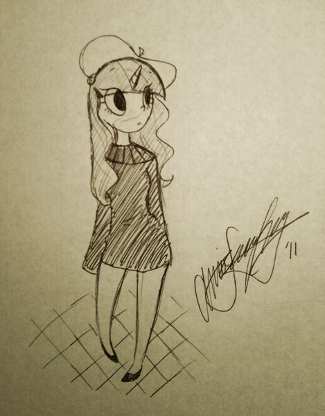 Size: 1024x1311 | Tagged: artist:awesomeamz, beatnik rarity, beret, clothes, derpibooru import, female, hat, horned humanization, human, humanized, monochrome, rarity, safe, solo, sweater, traditional art