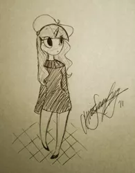 Size: 1024x1311 | Tagged: artist:awesomeamz, beatnik rarity, beret, clothes, derpibooru import, female, hat, horned humanization, human, humanized, monochrome, rarity, safe, solo, sweater, traditional art