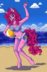 Size: 856x1314 | Tagged: anthro, armpits, artist:catsncupcakes, attached skirt, beach, beach ball, belly button, bikini, breasts, clothes, derpibooru import, female, frilled swimsuit, pinkie pie, safe, smiling, solo, striped swimsuit, swimsuit, unguligrade anthro, waving
