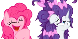 Size: 1600x800 | Tagged: safe, artist:kanistorshik, derpibooru import, pinkie pie, rarity, earth pony, pony, unicorn, alternate hairstyle, annoyed, bow, duo, duo female, female, hair bow, laughing, mare, simple background, transparent background