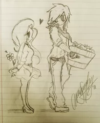 Size: 1024x1249 | Tagged: safe, artist:awesomeamz, derpibooru import, big macintosh, fluttershy, human, bandana, clothes, female, flower, fluttermac, humanized, lined paper, looking at each other, male, monochrome, shipping, sketch, skirt, straight, traditional art