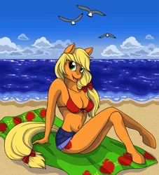 Size: 1192x1314 | Tagged: anthro, applejack, artist:catsncupcakes, beach, beach towel, belly button, bikini, breasts, busty applejack, cleavage, clothes, derpibooru import, female, freckles, leg freckles, looking at you, safe, shoulder freckles, sitting, solo, swimsuit, unguligrade anthro