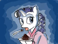 Size: 900x675 | Tagged: safe, artist:aa, derpibooru import, rarity, pony, unicorn, abstract background, alternate hairstyle, bathrobe, cake, clothes, eating, female, food, hair curlers, magic, mare, open mouth, plate, robe, sideways glance, solo