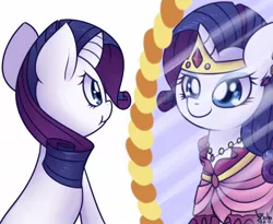 Size: 1100x900 | Tagged: safe, artist:solar-slash, derpibooru import, rarity, pony, unicorn, clothes, dress, female, gala dress, jewelry, mare, mirror, reflection, solo, sparkle eyes