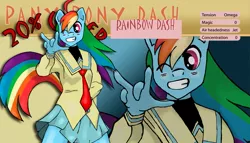 Size: 1063x607 | Tagged: anthro, artist:kageboshi-washu, clothes, crossover, derpibooru import, female, one eye closed, parody, rainbow dash, safe, skirt, solo