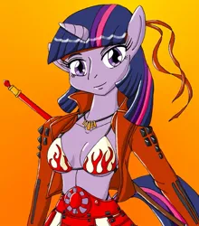 Size: 725x824 | Tagged: anthro, artist:eradose, bikini, breasts, clothes, crossover, derpibooru import, female, safe, sanada yukimura, sengoku basara, simple background, solo, spear, swimsuit, twilight sparkle, weapon