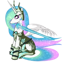 Size: 1000x1000 | Tagged: safe, artist:cheshiresdesires, derpibooru import, princess celestia, alicorn, pony, armor, crossover, female, mare, monster hunter, mouth hold, simple background, sitting, solo, sword, transparent background, weapon
