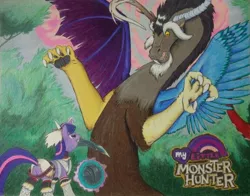 Size: 680x532 | Tagged: safe, derpibooru import, discord, twilight sparkle, draconequus, pony, unicorn, crossover, duo, female, male, mare, monster hunter, mouth hold, parody, sword, unicorn twilight, weapon