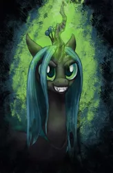 Size: 575x874 | Tagged: safe, artist:chromaskunk, artist:ecmajor, derpibooru import, queen chrysalis, changeling, changeling queen, bust, fangs, female, frown, glowing horn, grin, image, jpeg, kitchen eyes, magic aura, smiling, solo