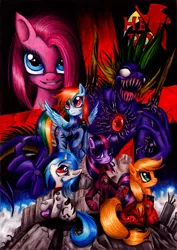 Size: 900x1271 | Tagged: safe, artist:lavosvsbahamut, derpibooru import, applejack, pinkie pie, rainbow dash, spike, twilight sparkle, vinyl scratch, earth pony, pegasus, pony, unicorn, crossover, female, mare, movie poster, neon genesis evangelion, parody, photoshop elements, pinkamena diane pie, poster