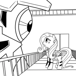 Size: 1000x1000 | Tagged: safe, artist:madmax, derpibooru import, fluttershy, pegasus, pony, crossover, eye contact, female, looking at each other, mare, monochrome, neon genesis evangelion, plugsuit