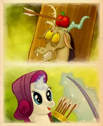 Size: 1200x1463 | Tagged: safe, artist:2snacks, derpibooru import, discord, rarity, pony, unicorn, aiming, apple, archery, arrow, bow (weapon), comic, duo, female, magic, mare, photoshop, quiver, weapon, william tell