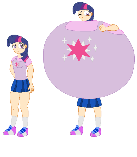 Size: 656x750 | Tagged: artist:ikuntyphoon, breasts, clothes, derpibooru import, female, human, humanized, inflation, questionable, shoes, simple background, skirt, sneakers, solo, solo female, transparent background, twilight sparkle