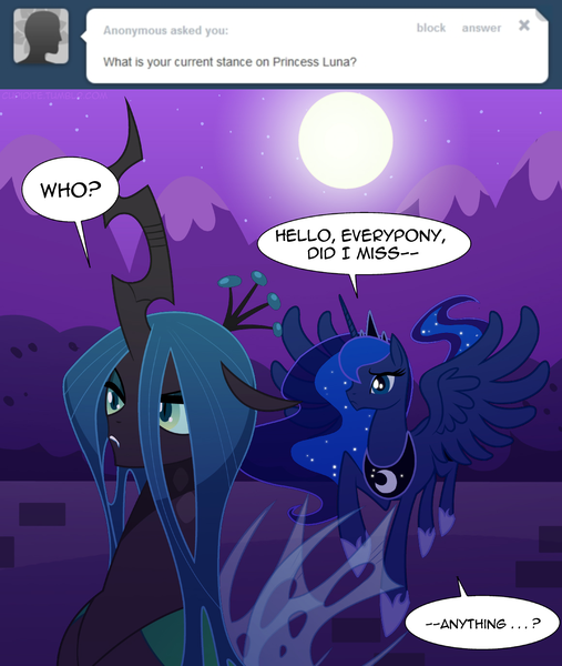 Size: 1160x1372 | Tagged: safe, artist:tarajenkins, derpibooru import, princess luna, queen chrysalis, alicorn, changeling, changeling queen, pony, cupidite, confused, dialogue, duo, duo female, female, floppy ears, image, mare, moon, night, png, scenery, speech bubble, tumblr