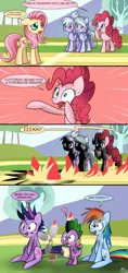 Size: 800x1700 | Tagged: safe, artist:solar-slash, derpibooru import, cloudchaser, flitter, fluttershy, pinkie pie, spike, twilight sparkle, dragon, earth pony, pegasus, pony, unicorn, anemometer, comic, female, fire, gone horribly right, male, mare, scared, scorched, sitting, unicorn twilight