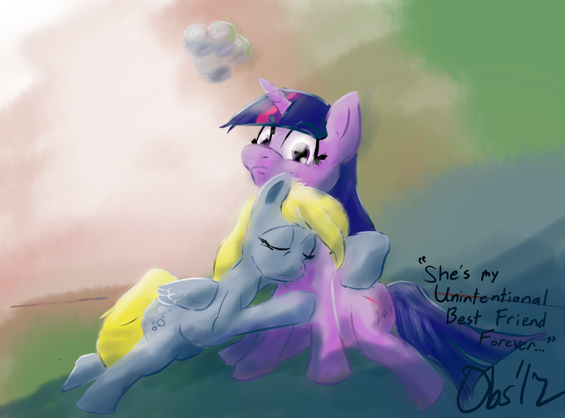 Size: 1086x803 | Tagged: safe, artist:obsequiosity, derpibooru import, derpy hooves, twilight sparkle, pegasus, pony, unicorn, bubble, female, hug, mare, muffin, sitting