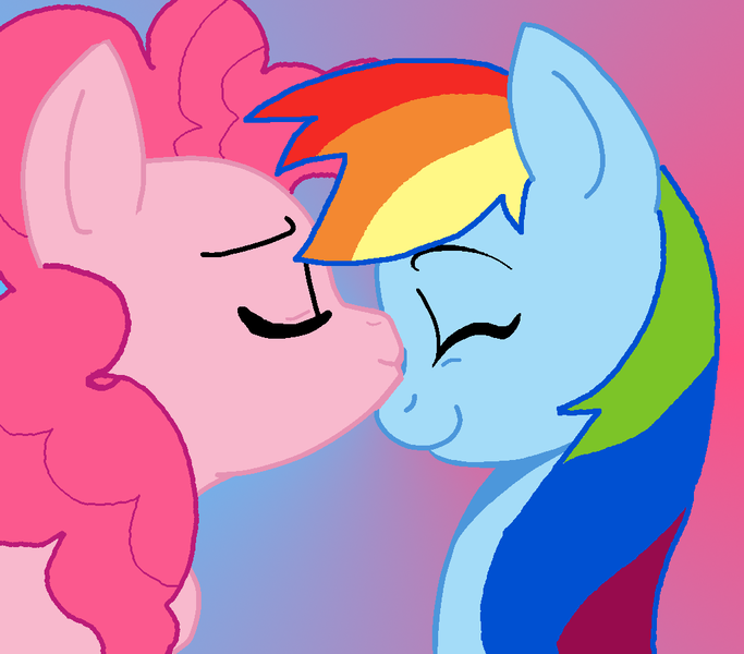 Size: 1024x900 | Tagged: safe, artist:frosty-kittycat, derpibooru import, pinkie pie, rainbow dash, earth pony, pegasus, pony, eyes closed, female, gradient background, kissing, lesbian, mare, pinkiedash, shipping, smiling