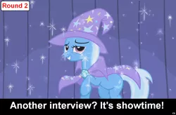 Size: 1024x670 | Tagged: safe, derpibooru import, edit, edited screencap, screencap, trixie, pony, unicorn, comic:celestia's servant interview, boast busters, cape, caption, clothes, female, grin, hat, interview, looking at you, mare, meta, raised hoof, smiling, solo, sparkles, stage, trixie's cape, trixie's hat