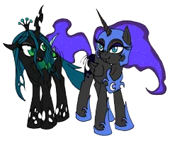 Size: 1388x1120 | Tagged: safe, artist:dankodeadzone, derpibooru import, nightmare moon, queen chrysalis, alicorn, changeling, changeling queen, pony, armor, butt shake, duo, duo female, female, floppy ears, image, mare, open mouth, png, simple background, smiling, transparent background