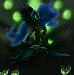 Size: 1141x1165 | Tagged: semi-grimdark, artist:myhysteria, derpibooru import, nightmare moon, queen chrysalis, alicorn, changeling, changeling queen, pony, armor, broken eggs, changeling egg, changeling hive, clipped wings, defeated, duo, duo female, fangs, female, hoof blades, image, looking at someone, looking down, lying down, mare, metal claws, narrowed eyes, png, raised hoof, standing