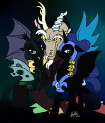 Size: 856x1000 | Tagged: safe, artist:azurathefox, artist:pokelai, derpibooru import, discord, nightmare moon, queen chrysalis, alicorn, changeling, changeling queen, draconequus, pony, and then discord was a man, discord gets all the mares, female, floppy ears, male, mare, smiling, smirk