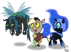 Size: 820x600 | Tagged: safe, derpibooru import, discord, nightmare moon, queen chrysalis, alicorn, changeling, changeling queen, draconequus, nymph, pony, cute, cutealis, discute, female, filly, foal, male, moonabetes, nightmare woon, simple background, transparent background, walking, younger
