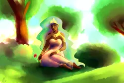 Size: 1500x1000 | Tagged: safe, artist:explosivegent, derpibooru import, princess celestia, human, barefoot, blackwashing, clothes, dark skin, dress, feet, female, humanized, image, outdoors, png, rose, sitting, smiling, solo, tree