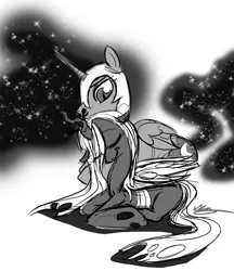 Size: 638x740 | Tagged: safe, artist:bunnimation, derpibooru import, nightmare moon, queen chrysalis, alicorn, changeling, changeling queen, pony, duo, duo female, eyes closed, female, folded wings, image, jpeg, looking at someone, mare, monochrome, prone, shadow, signature, simple background, smiling, white background, wings
