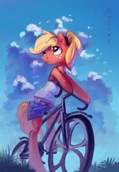 Size: 2586x3736 | Tagged: alternate hairstyle, applejack, artist:holivi, bicycle, clothes, cloud, derpibooru import, female, high res, mare, safe, semi-anthro, solo