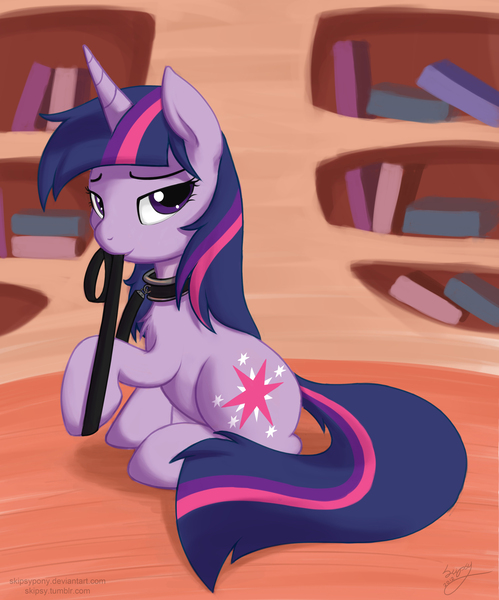 Size: 2078x2500 | Tagged: safe, artist:skipsy, derpibooru import, twilight sparkle, pony, unicorn, bedroom eyes, chest fluff, collar, female, golden oaks library, high res, image, jpeg, leash, library, looking at you, mare, mouth hold, pet play, pettwi, sitting, solo, unicorn twilight