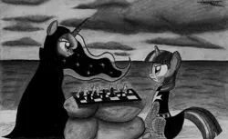 Size: 1984x1215 | Tagged: safe, artist:willisninety-six, derpibooru import, princess luna, twilight sparkle, alicorn, pony, unicorn, chess, cloak, clothes, crossover, death, duo, duo female, female, mare, monochrome, sitting, the seventh seal, traditional art