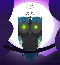 Size: 1280x1383 | Tagged: safe, artist:tarajenkins, derpibooru import, queen chrysalis, bird, owl, cupidite, backlighting, dialogue, disguise, disguised changeling, glowing eyes, image, jpeg, moon, night, solo, speech bubble, tumblr link