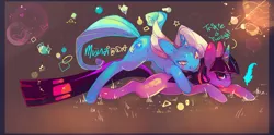 Size: 1212x600 | Tagged: safe, artist:mujinai, derpibooru import, trixie, twilight sparkle, pony, unicorn, abstract background, duo, female, mare, prone, tongue out