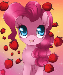 Size: 500x601 | Tagged: safe, artist:loyaldis, derpibooru import, pinkie pie, earth pony, pony, abstract background, animated, female, food, happy, heart eyes, mare, solo, strawberry, wingding eyes