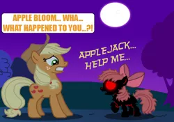Size: 720x504 | Tagged: semi-grimdark, artist:death-driver-5000, derpibooru import, apple bloom, applejack, earth pony, pony, zombie, story of the blanks, bad end, blanked apple bloom, duo, duo female, female, filly, mare, night, scared